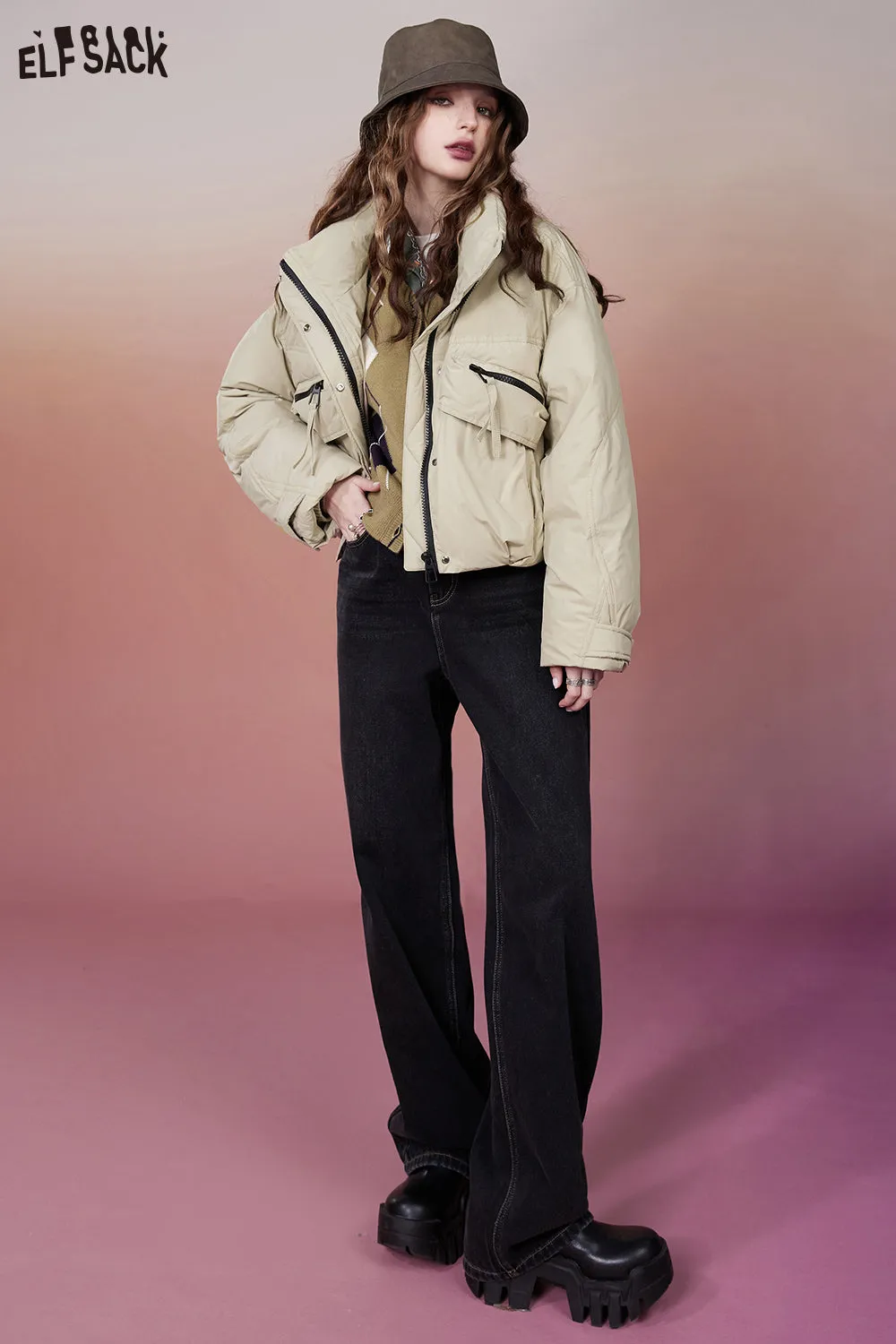 ELFSACK Straight Baggy Jeans Women 2023 Winter High Waist Plus Size Korean Fashion Trousers
