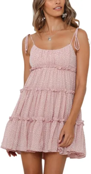Eternatastic Womens Floral Printed Mini Dress Spaghetti Strap Sleeveless Tiered Ruffle Boho Swing Dresses