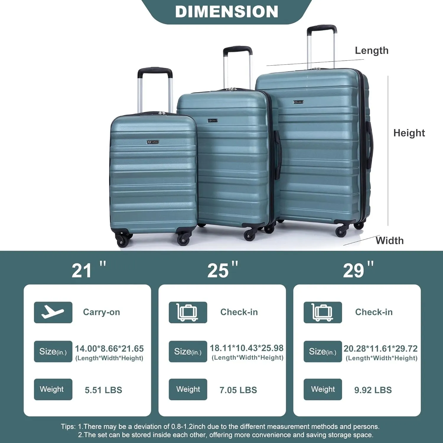 Expandable 3-Piece Luggage Set (21", 25", 29"), PC Lightweight & Durable Suitcase with 360 Spinner Wheels, Two Hooks and TSA Lock, Carry-On & Checked Travel Gear Set (Dark Green)