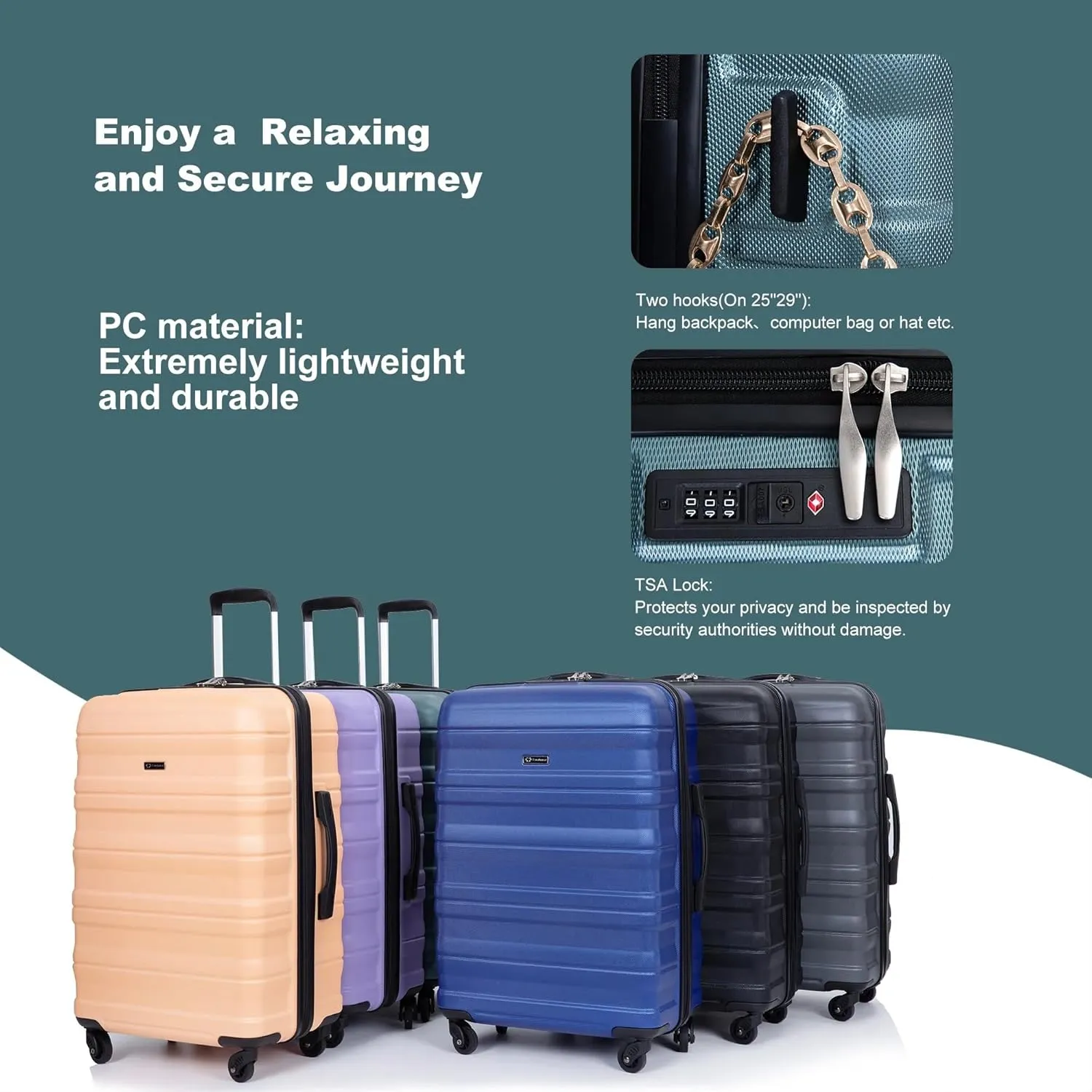 Expandable 3-Piece Luggage Set (21", 25", 29"), PC Lightweight & Durable Suitcase with 360 Spinner Wheels, Two Hooks and TSA Lock, Carry-On & Checked Travel Gear Set (Dark Green)