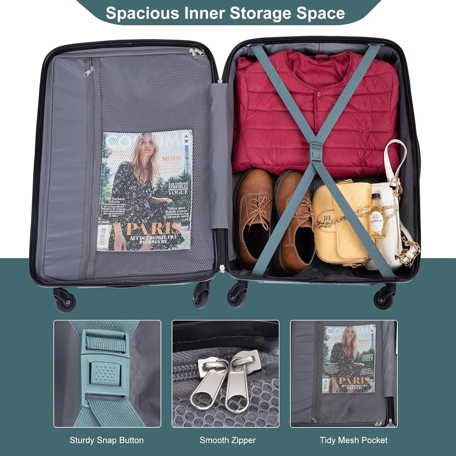 Expandable 3-Piece Luggage Set (21", 25", 29"), PC Lightweight & Durable Suitcase with 360 Spinner Wheels, Two Hooks and TSA Lock, Carry-On & Checked Travel Gear Set (Dark Green)