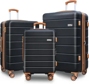 Explorer Expandable Luggage Set 3 Piece, Hardside Carry on Suitcase Sets with Spinner Wheels & TSA Lock, Lightweight Luggage Case for Travel & Business, Black-Brown (20in/24in/28in)