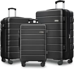 Explorer Lightweight Hardshell 20% Expandable 3 Piece Luggage Set Double Spinner Wheels Carry on Travel Suitcase with TSA Lock, Black (20in/24in/28in)