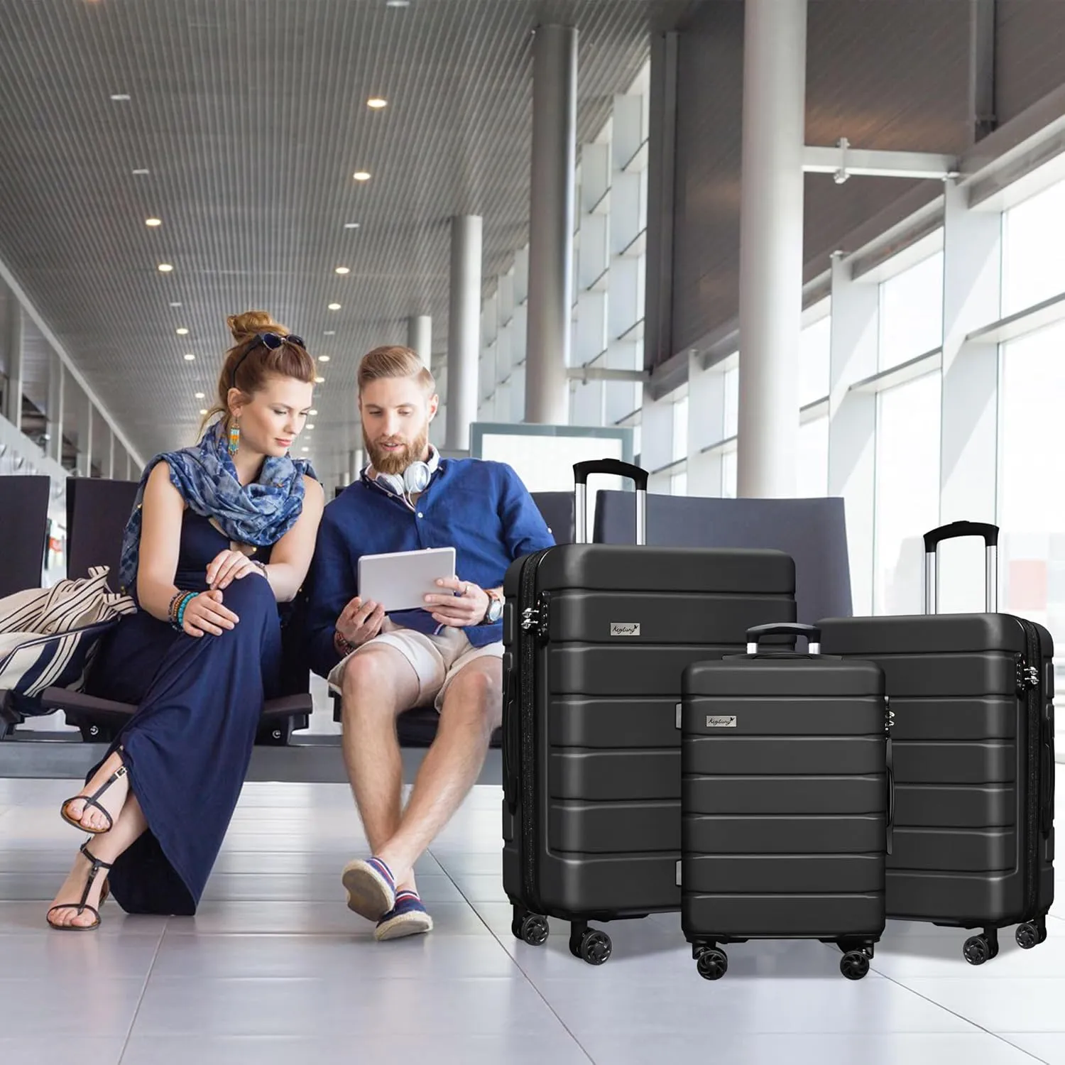 Explorer Lightweight Hardshell 20% Expandable 3 Piece Luggage Set Double Spinner Wheels Carry on Travel Suitcase with TSA Lock, Black (20in/24in/28in)