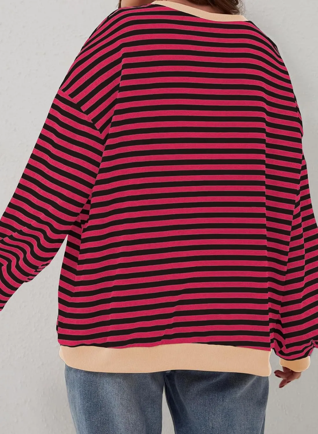 Eytino Women Plus Size Sweatshirt Striped Color Block Crew Neck Pullover Tops Long Sleeve Casual Shirt(1X-5X)
