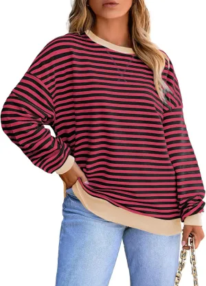 Eytino Women Plus Size Sweatshirt Striped Color Block Crew Neck Pullover Tops Long Sleeve Casual Shirt(1X-5X)