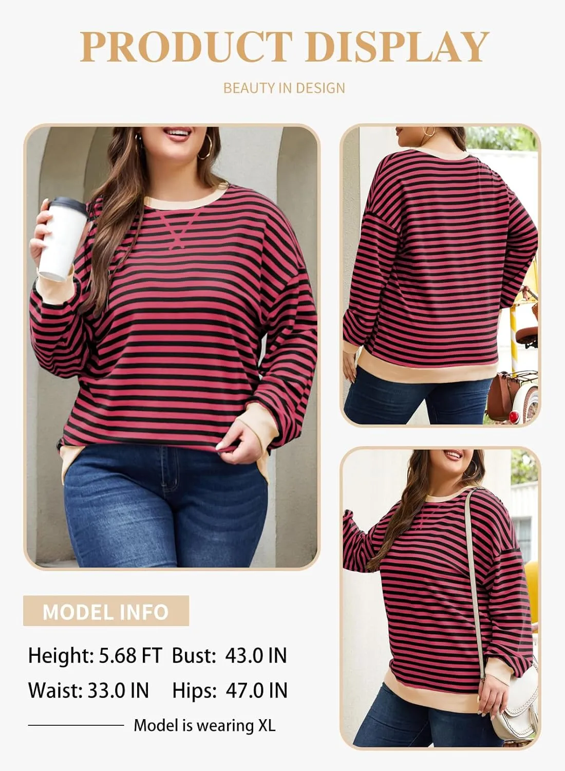 Eytino Women Plus Size Sweatshirt Striped Color Block Crew Neck Pullover Tops Long Sleeve Casual Shirt(1X-5X)