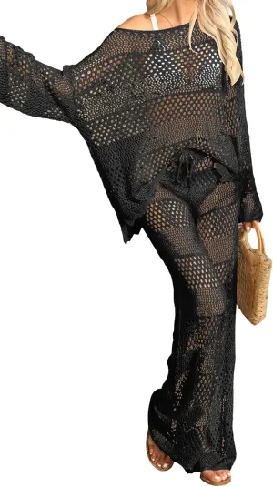 Famulily Womens 2 Piece Crochet Outfits Sexy Hollow Out Cover Up Sets Long Sleeve Tops and Drawstring Long Pants Matching Set