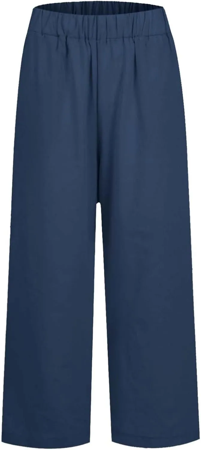 fanmpghleoo Women's Summer Casual Linen Pants Elastic Waist Loose Fit Straight Leg Crop Pants Beach Trousers with Pockets