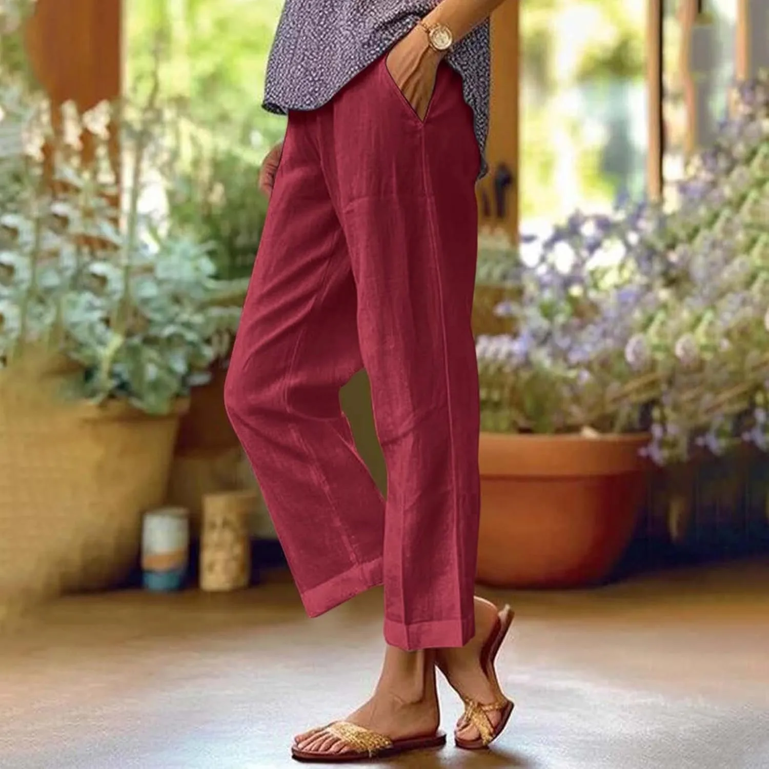 fanmpghleoo Women's Summer Casual Linen Pants Elastic Waist Loose Fit Straight Leg Crop Pants Beach Trousers with Pockets
