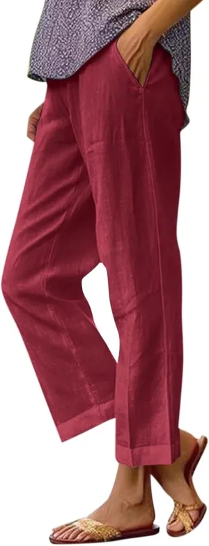 fanmpghleoo Women's Summer Casual Linen Pants Elastic Waist Loose Fit Straight Leg Crop Pants Beach Trousers with Pockets