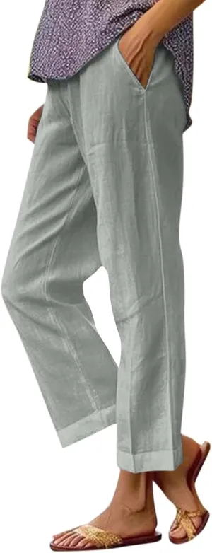 fanmpghleoo Women's Summer Casual Linen Pants Elastic Waist Loose Fit Straight Leg Crop Pants Beach Trousers with Pockets