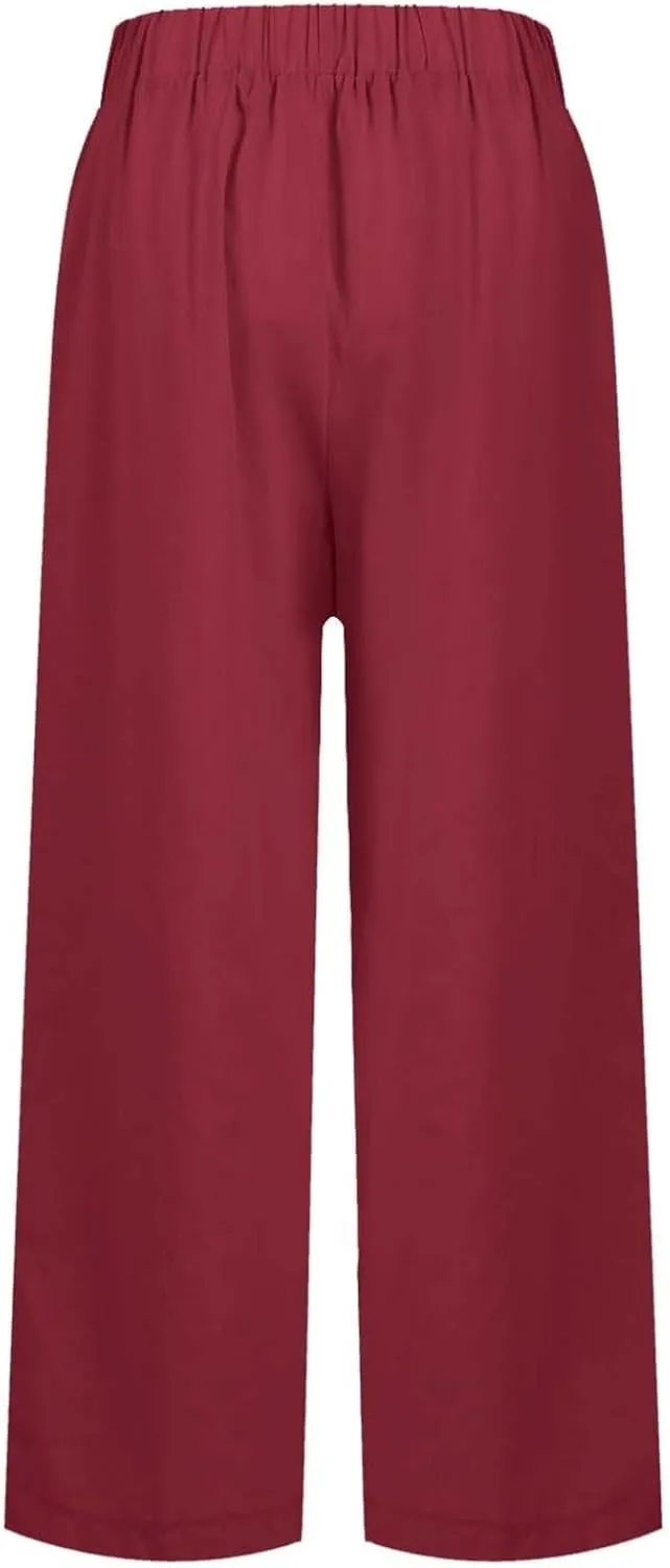 fanmpghleoo Women's Summer Casual Linen Pants Elastic Waist Loose Fit Straight Leg Crop Pants Beach Trousers with Pockets