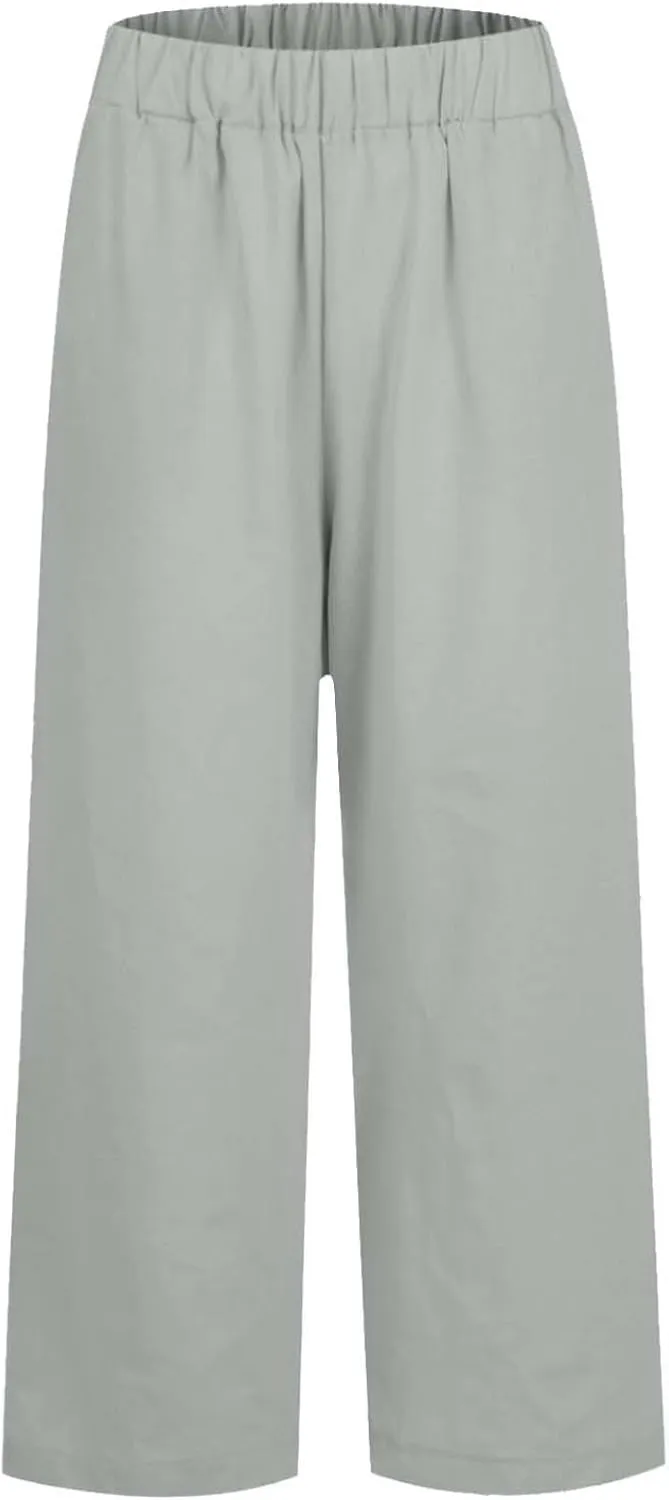 fanmpghleoo Women's Summer Casual Linen Pants Elastic Waist Loose Fit Straight Leg Crop Pants Beach Trousers with Pockets