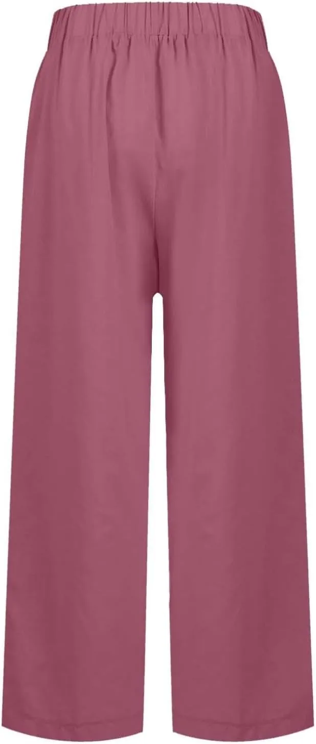 fanmpghleoo Women's Summer Casual Linen Pants Elastic Waist Loose Fit Straight Leg Crop Pants Beach Trousers with Pockets