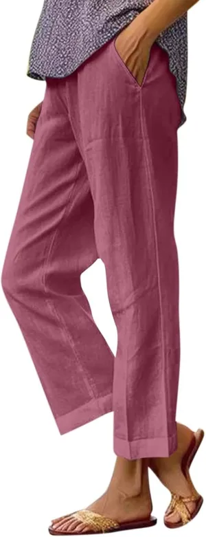 fanmpghleoo Women's Summer Casual Linen Pants Elastic Waist Loose Fit Straight Leg Crop Pants Beach Trousers with Pockets
