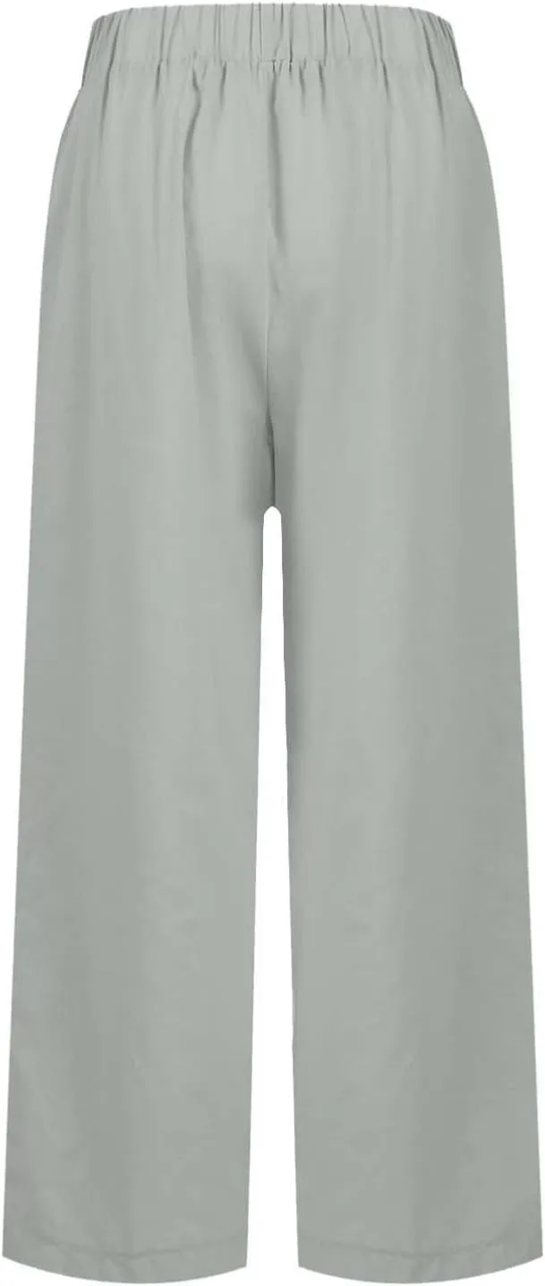 fanmpghleoo Women's Summer Casual Linen Pants Elastic Waist Loose Fit Straight Leg Crop Pants Beach Trousers with Pockets