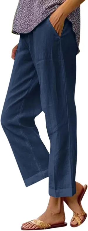 fanmpghleoo Women's Summer Casual Linen Pants Elastic Waist Loose Fit Straight Leg Crop Pants Beach Trousers with Pockets