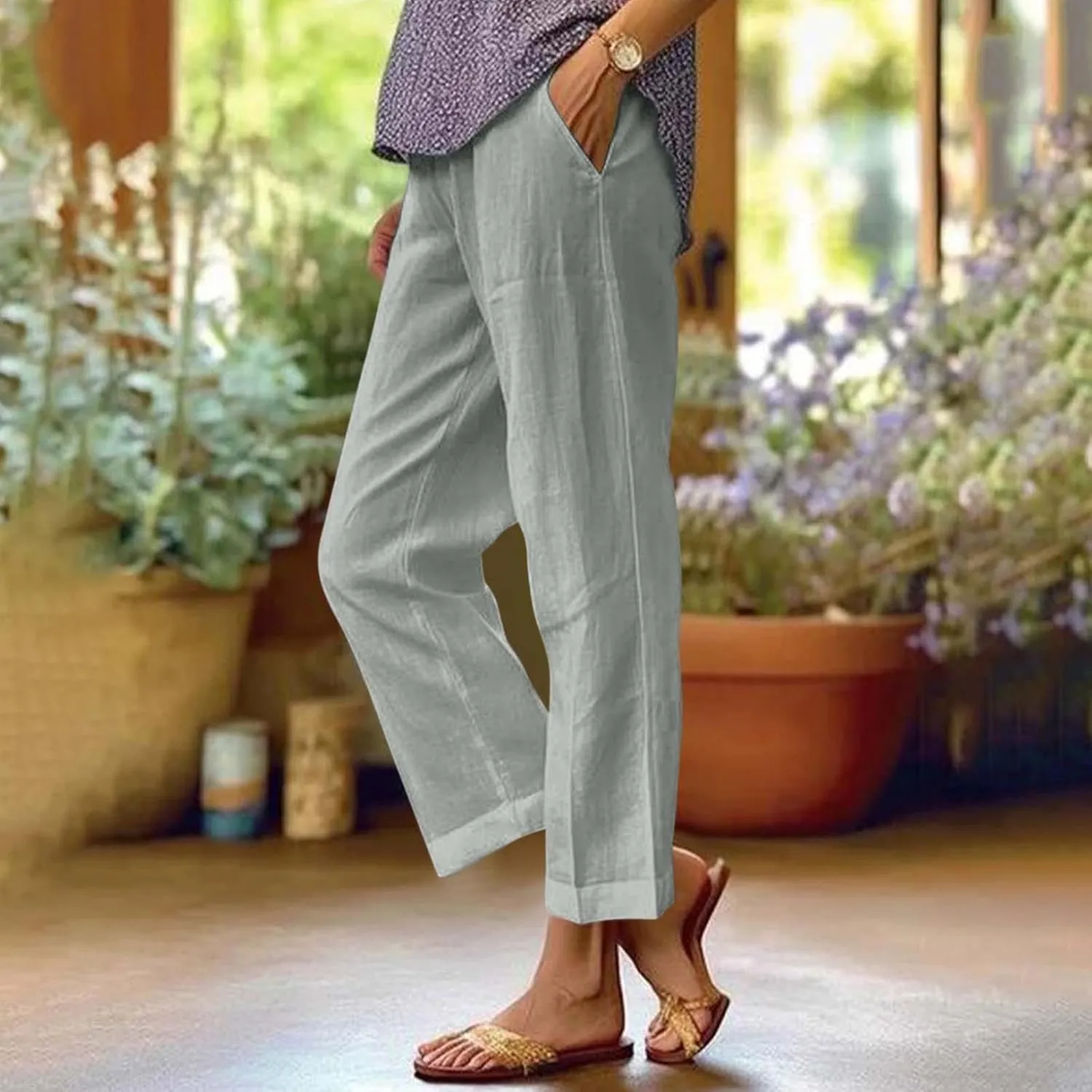 fanmpghleoo Women's Summer Casual Linen Pants Elastic Waist Loose Fit Straight Leg Crop Pants Beach Trousers with Pockets