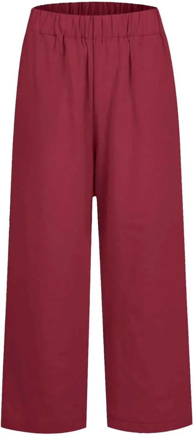 fanmpghleoo Women's Summer Casual Linen Pants Elastic Waist Loose Fit Straight Leg Crop Pants Beach Trousers with Pockets