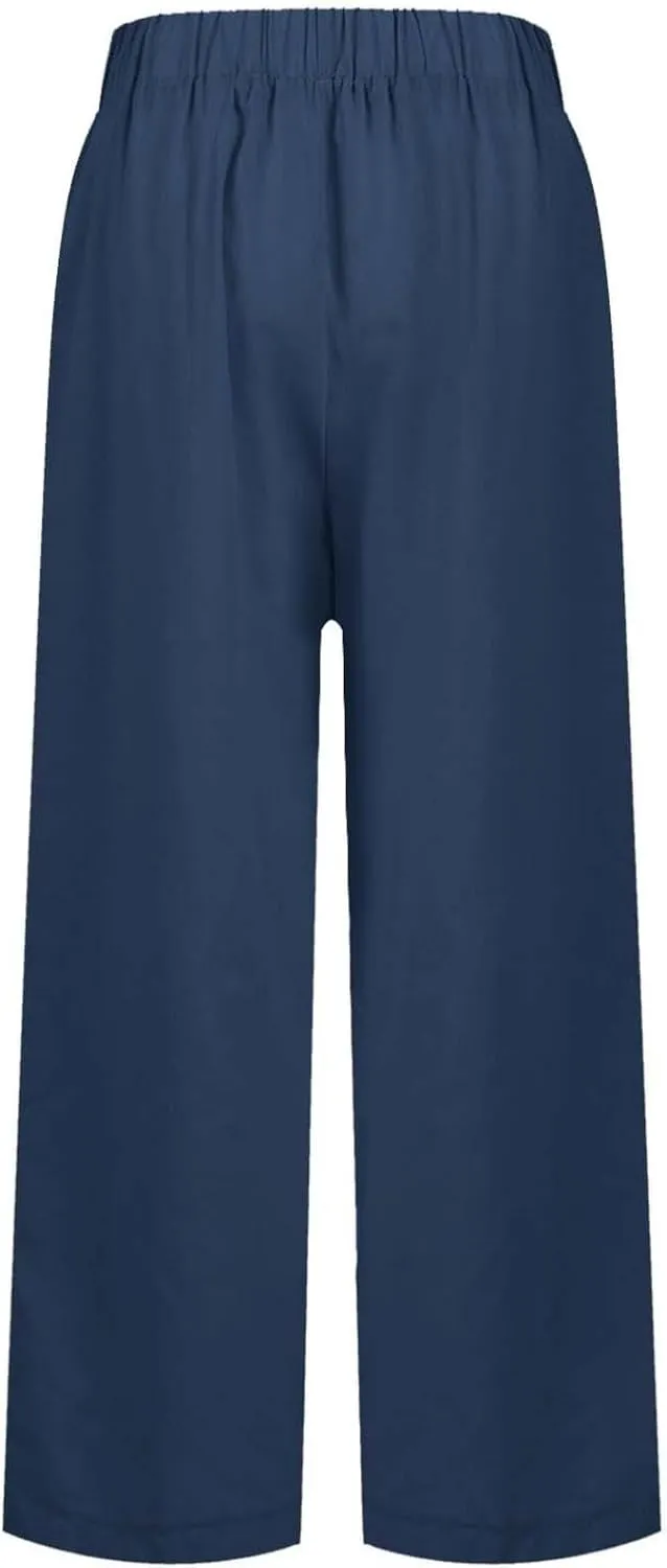 fanmpghleoo Women's Summer Casual Linen Pants Elastic Waist Loose Fit Straight Leg Crop Pants Beach Trousers with Pockets