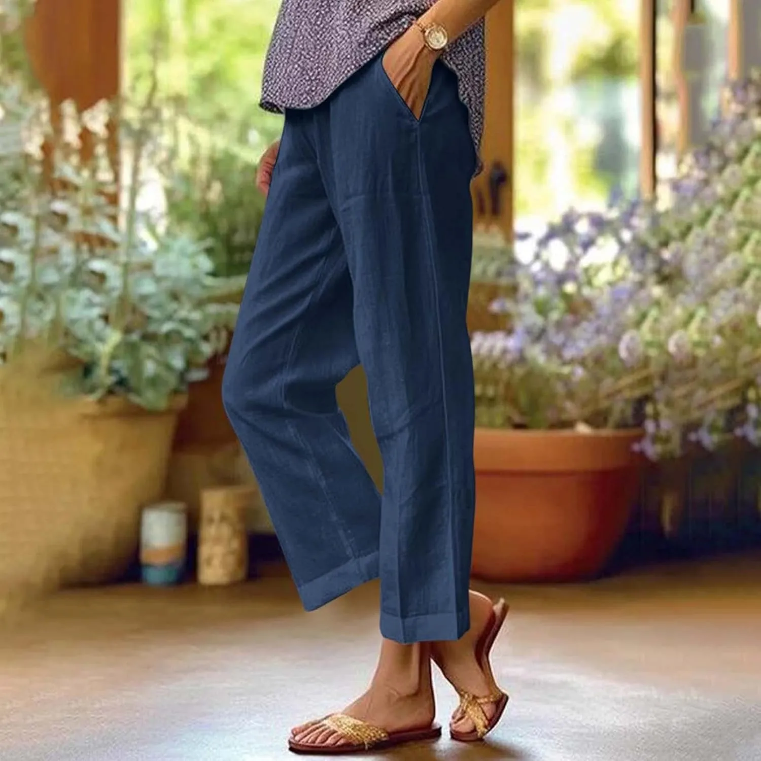 fanmpghleoo Women's Summer Casual Linen Pants Elastic Waist Loose Fit Straight Leg Crop Pants Beach Trousers with Pockets