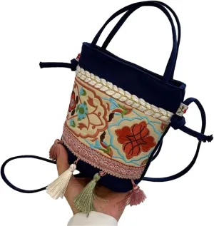 Fashion Bags, Crossbody Bags, Vintage Tassel Embroidery Crossbody Bag Shoulder Bag Retro Ethnic Style Bucket Bag Women's Handbag(Blue)