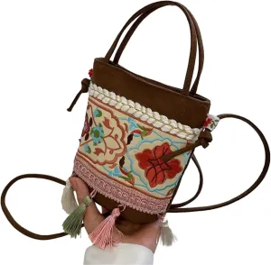 Fashion Bags, Crossbody Bags, Vintage Tassel Embroidery Crossbody Bag Shoulder Bag Retro Ethnic Style Bucket Bag Women's Handbag(Brown)