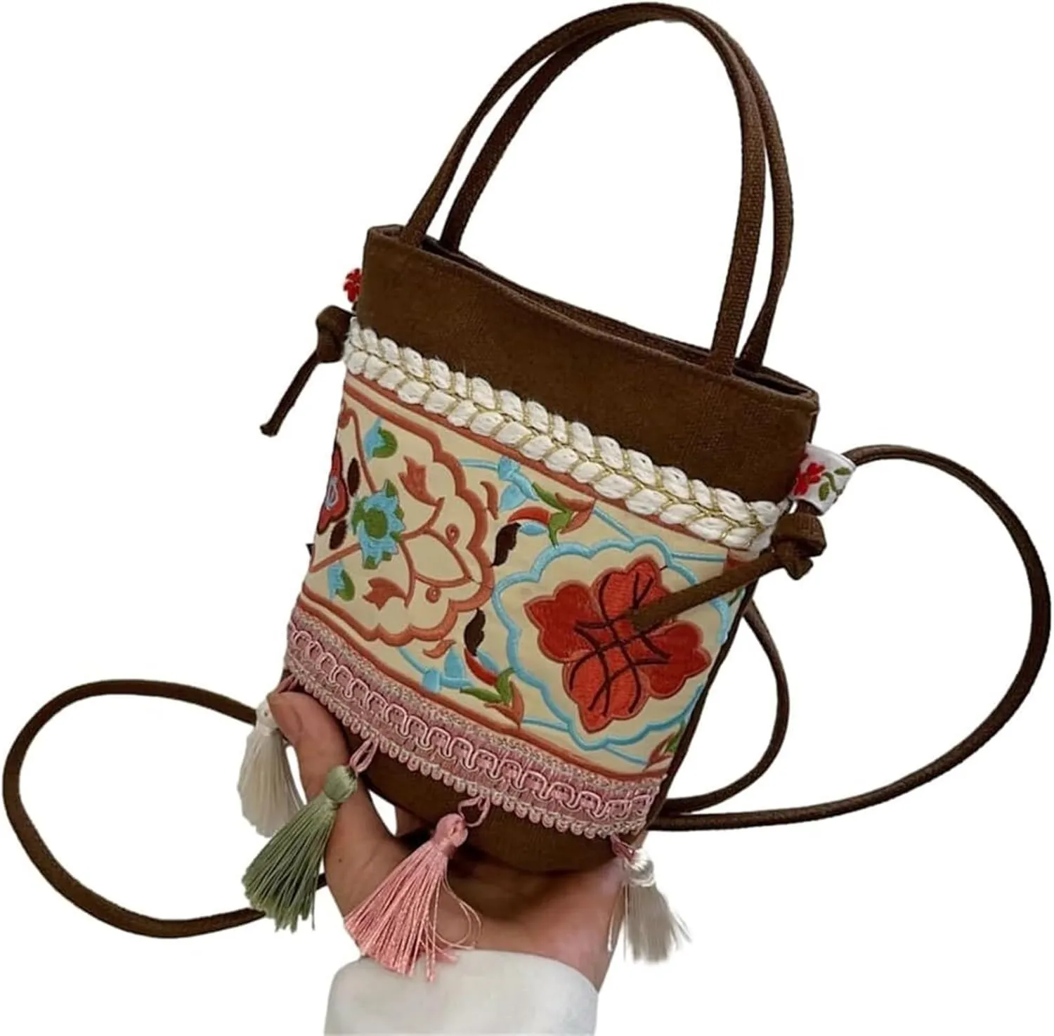 Fashion Bags, Crossbody Bags, Vintage Tassel Embroidery Crossbody Bag Shoulder Bag Retro Ethnic Style Bucket Bag Women's Handbag(Brown)