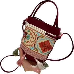 Fashion Bags, Crossbody Bags, Vintage Tassel Embroidery Crossbody Bag Shoulder Bag Retro Ethnic Style Bucket Bag Women's Handbag(Red)