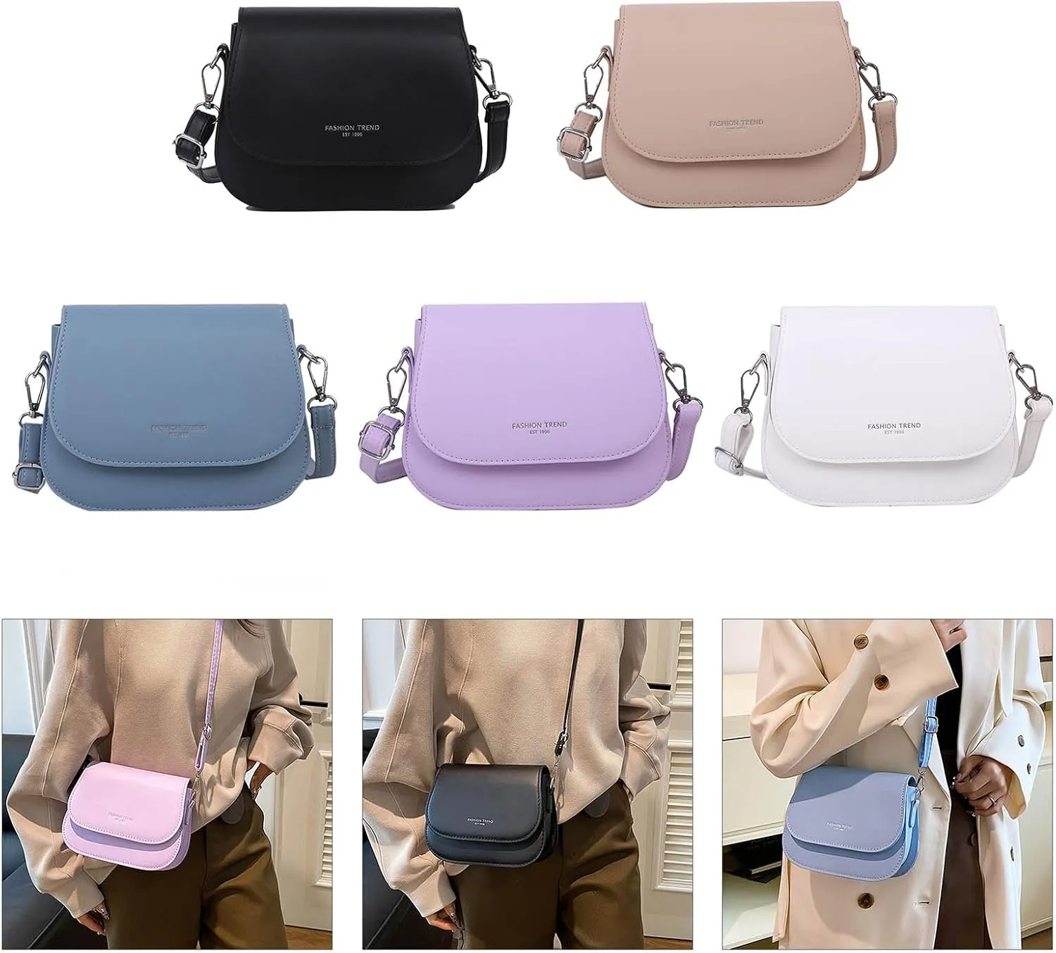 Fashion Faux Leather Crossbody Bag for Women Candy Color Flip Cover Small Satchel with Adjustable Shoulder Strap
