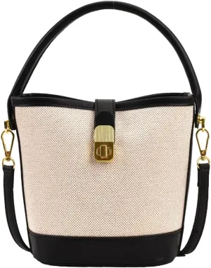 Fashion PU Leather Color Splicing Small Bucket Bag for Women Crossbody Shoulder Handbag Purse with Adjustable Strap