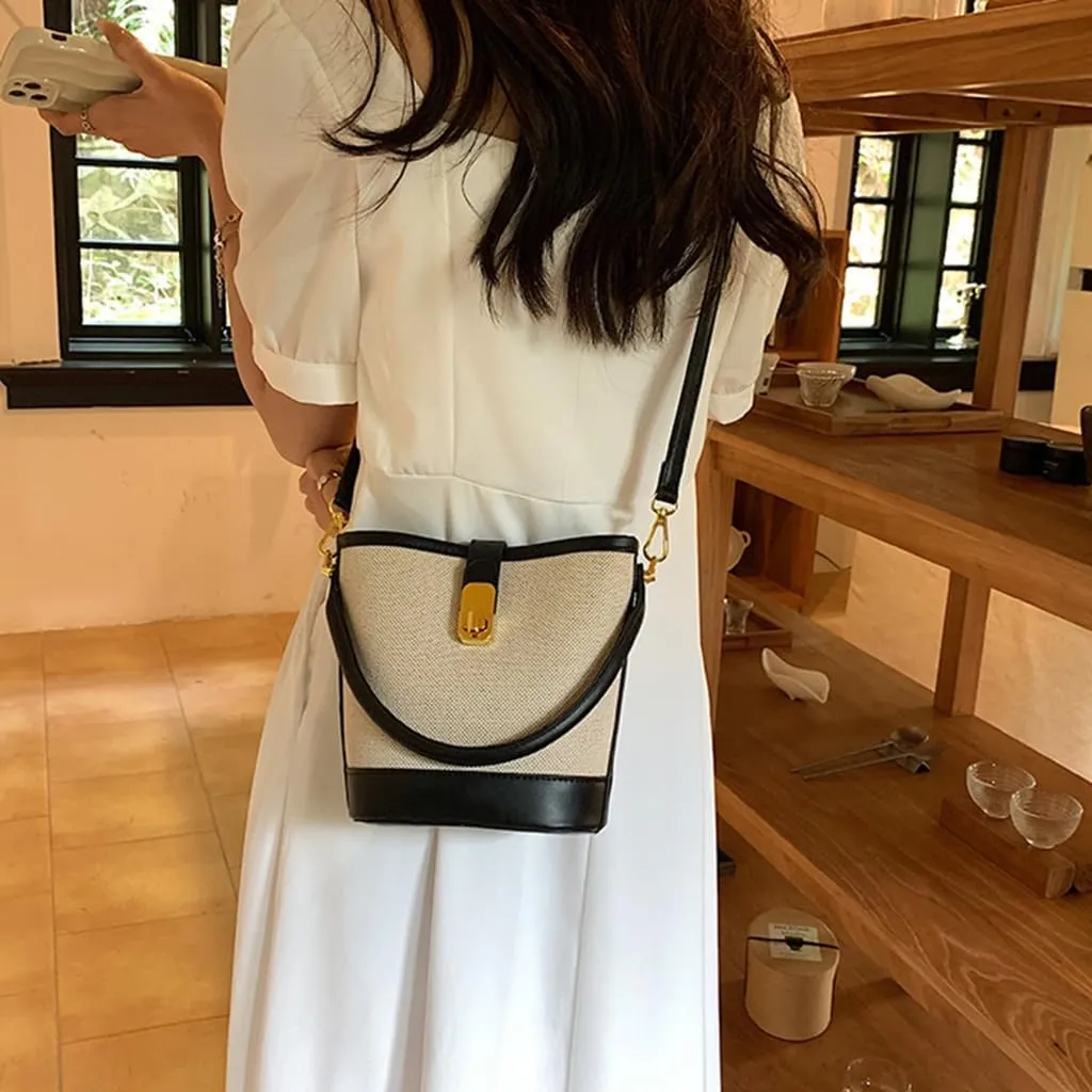 Fashion PU Leather Color Splicing Small Bucket Bag for Women Crossbody Shoulder Handbag Purse with Adjustable Strap