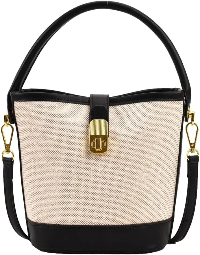 Fashion PU Leather Color Splicing Small Bucket Bag for Women Crossbody Shoulder Handbag Purse with Adjustable Strap