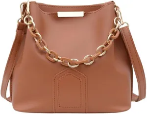 Fashionable Chain Handle Shoulder Bag Korean Elegant Solid Color PU Leather Bucket Bag Crossbody Handbag Purse for Women