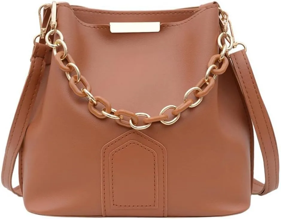 Fashionable Chain Handle Shoulder Bag Korean Elegant Solid Color PU Leather Bucket Bag Crossbody Handbag Purse for Women