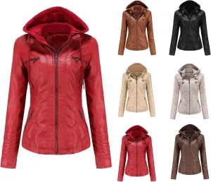 Faux Leather Jacket Women Motorcycle Coat for Biker with Removable Hood XS-4XL