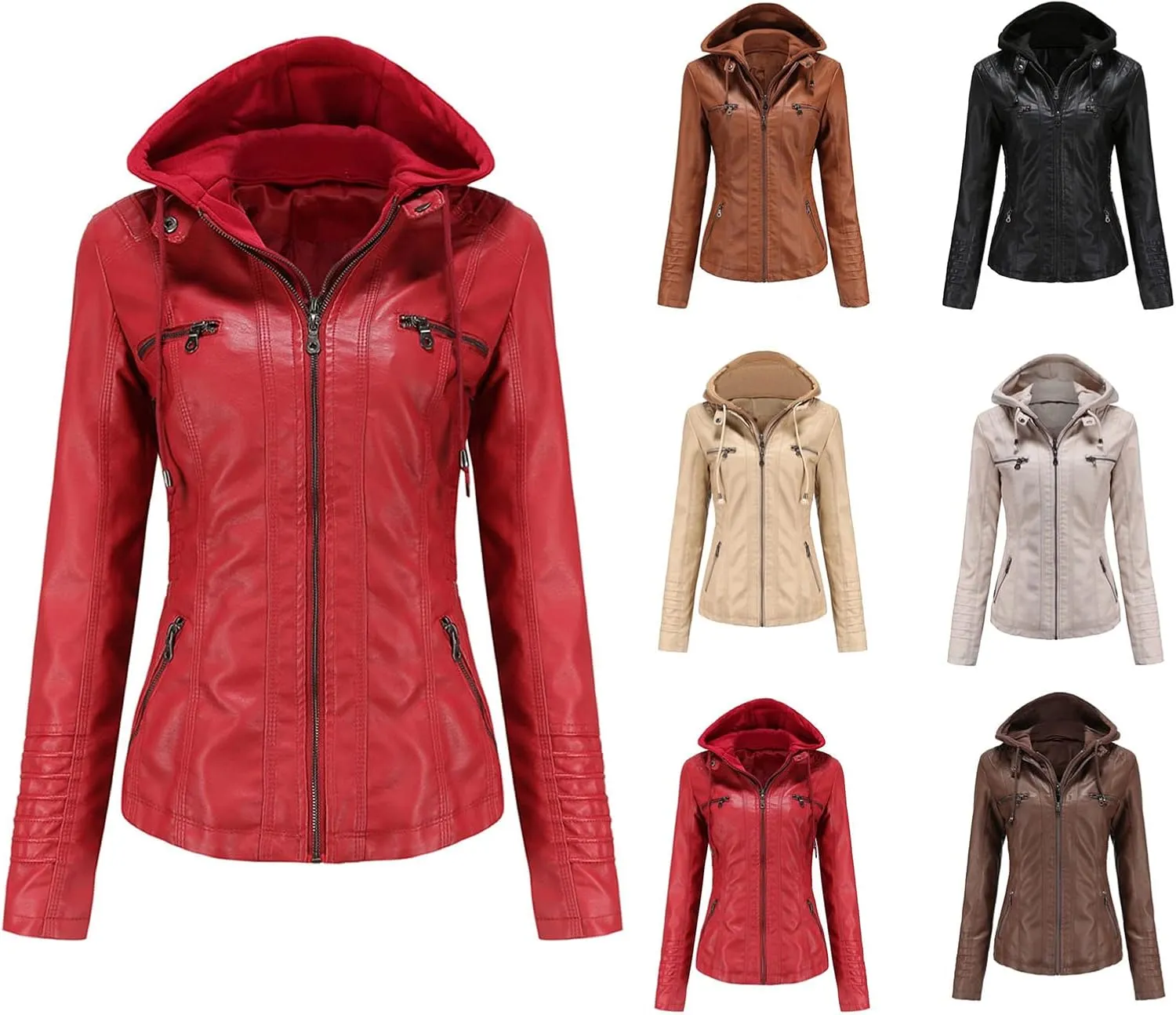 Faux Leather Jacket Women Motorcycle Coat for Biker with Removable Hood XS-4XL