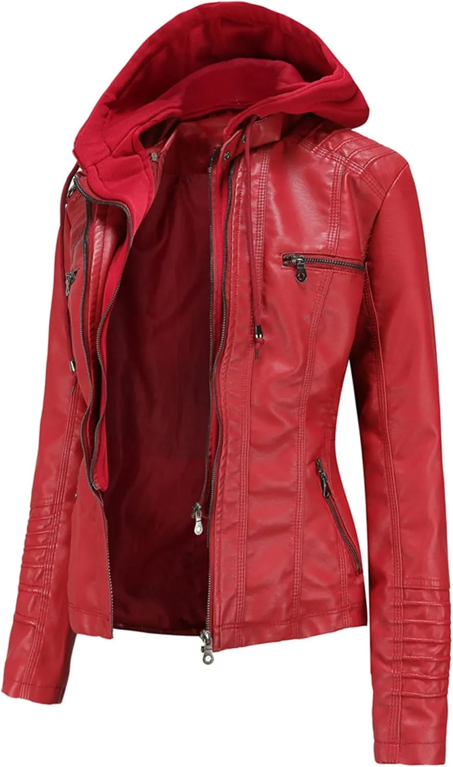 Faux Leather Jacket Women Motorcycle Coat for Biker with Removable Hood XS-4XL