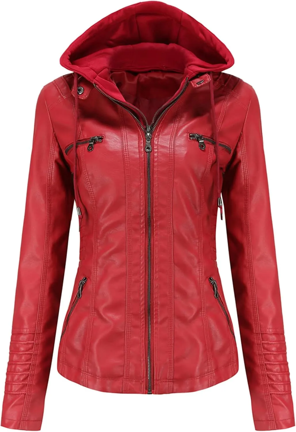 Faux Leather Jacket Women Motorcycle Coat for Biker with Removable Hood XS-4XL