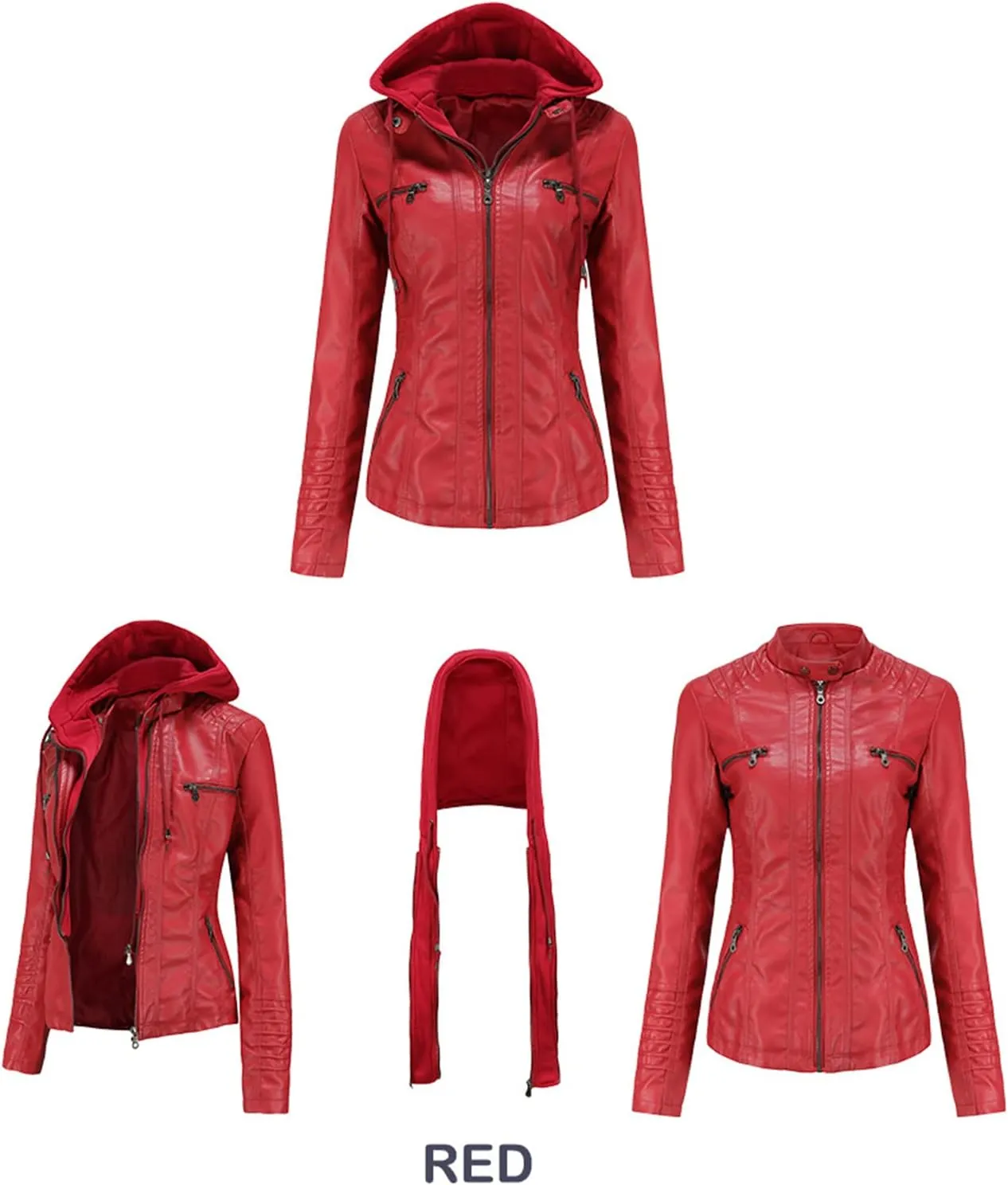 Faux Leather Jacket Women Motorcycle Coat for Biker with Removable Hood XS-4XL