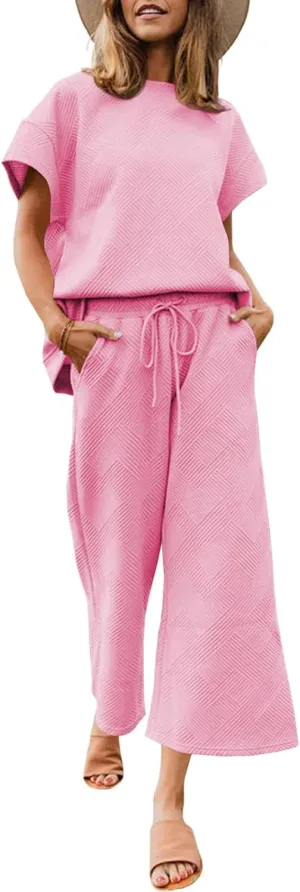 Fazortev Womens 2 Piece Outfits Sweatsuit Short Sleeve Tops and Drawstring Waist Cropped Wide Leg Pants Loungewear Sets