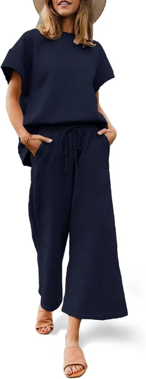 Fazortev Womens 2 Piece Outfits Sweatsuit Short Sleeve Tops and Drawstring Waist Cropped Wide Leg Pants Loungewear Sets