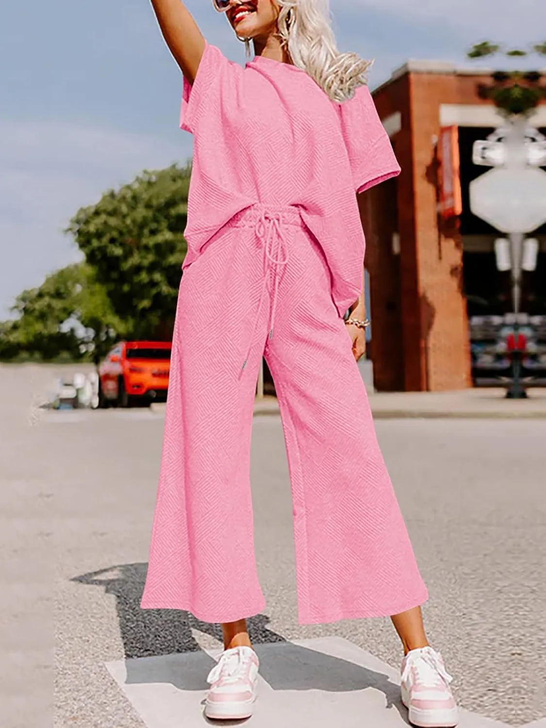 Fazortev Womens 2 Piece Outfits Sweatsuit Short Sleeve Tops and Drawstring Waist Cropped Wide Leg Pants Loungewear Sets