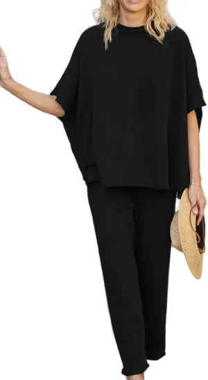 Feager Sweatsuit Sets Women 2 Piece Lounge Sets Short Sleeve Pullover Tops Wide Leg Pants