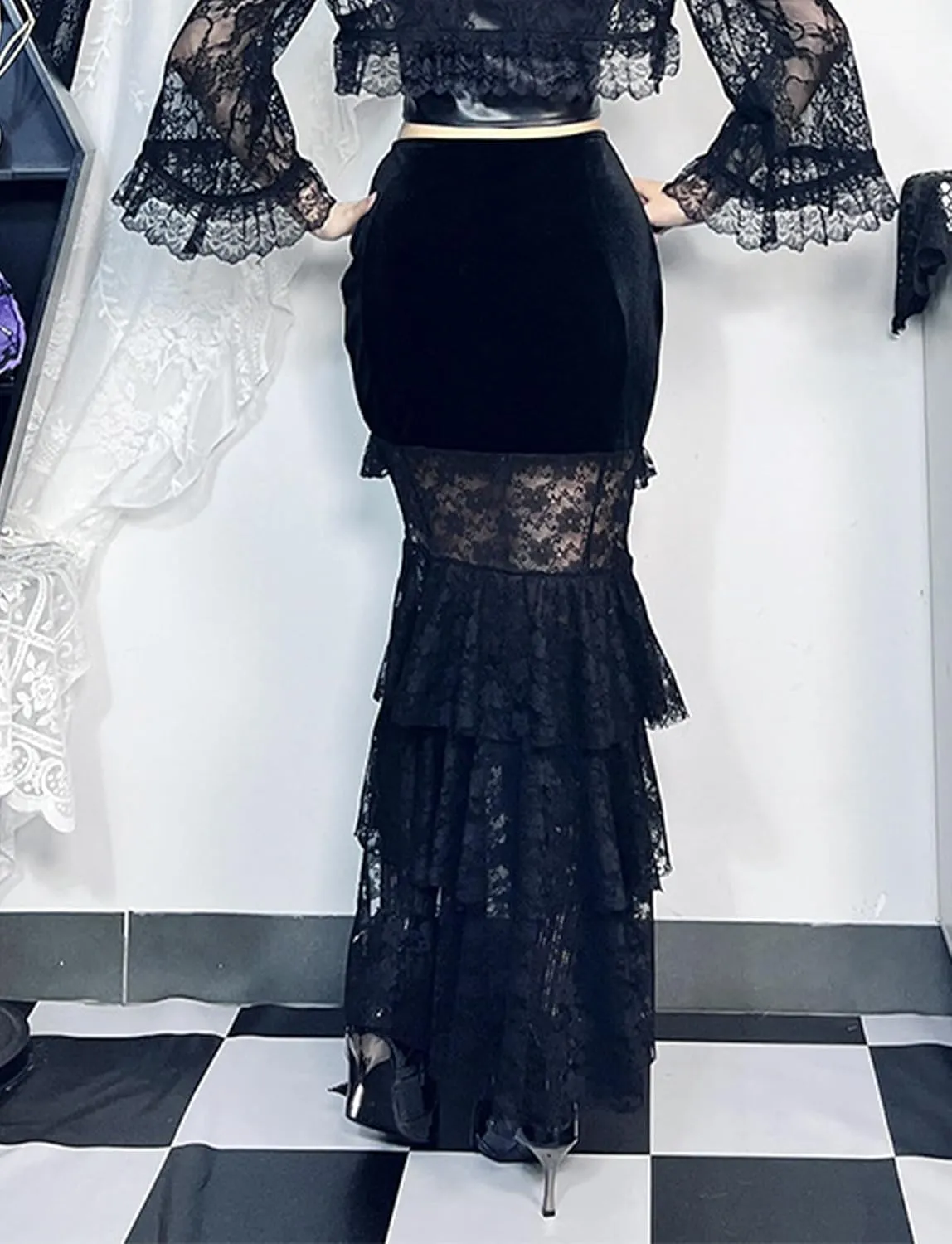 FEOYA Womens Gothic Lace Skirt Black Bodycon Ruffle Hem Skirts Sexy Fairy Skirts for Goth Y2k Club Cosplay