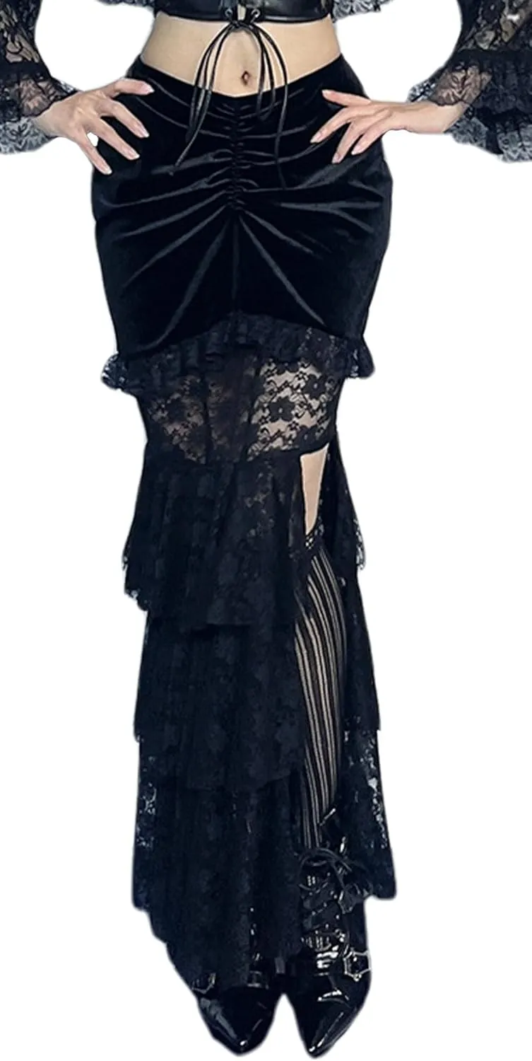 FEOYA Womens Gothic Lace Skirt Black Bodycon Ruffle Hem Skirts Sexy Fairy Skirts for Goth Y2k Club Cosplay