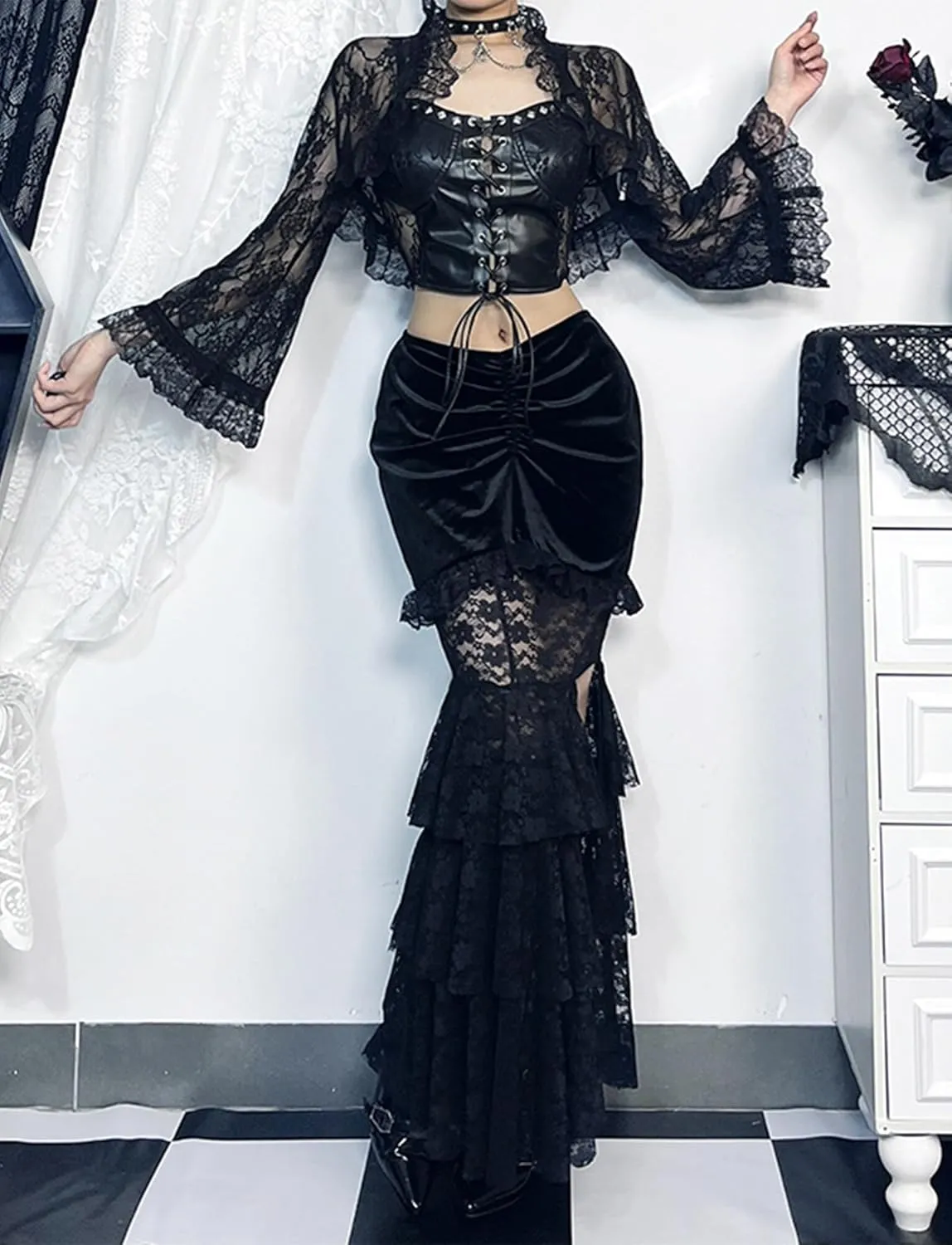 FEOYA Womens Gothic Lace Skirt Black Bodycon Ruffle Hem Skirts Sexy Fairy Skirts for Goth Y2k Club Cosplay