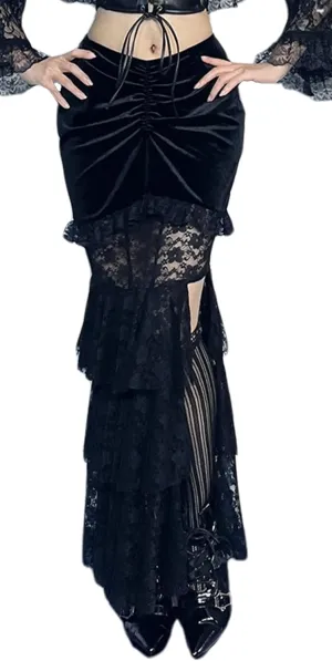 FEOYA Womens Gothic Lace Skirt Black Bodycon Ruffle Hem Skirts Sexy Fairy Skirts for Goth Y2k Club Cosplay