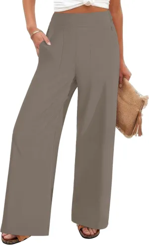 FireSwan Women's Wide Leg Work Pants High Elastic Waist Dress Palazzo Pants Trousers with Zipper Pockets (Mocha M)